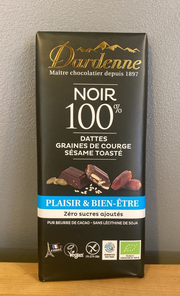 Chocolat noir 100%, dattes, graines de courge et sésame toasté - Dardenne