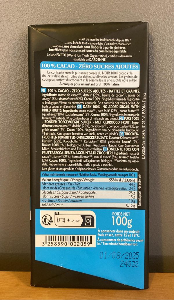 Chocolat noir 100%, dattes, graines de courge et sésame toasté - Dardenne – Image 2